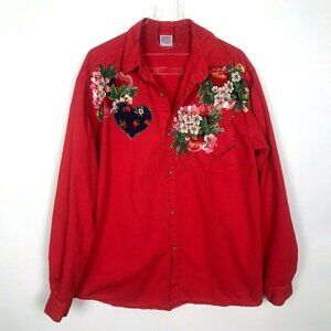 Vintage Tutti Red Shirt L Hand Painted Flowers